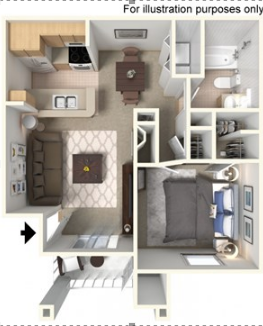 Floor plan for 1 bed, 1 bath, 640 sqft